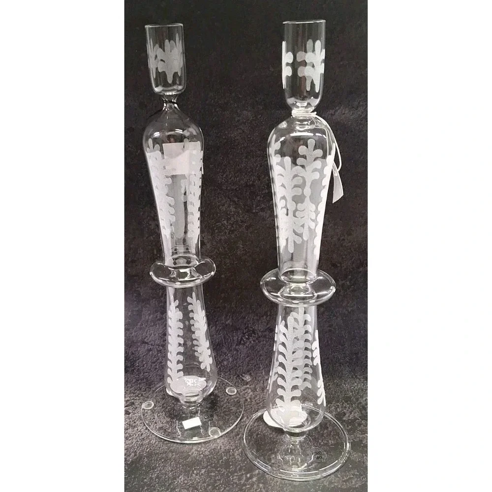 Pottery Barn Set of (2) Etched Glass Taper Candle Holders 13 Inches Tall NWT